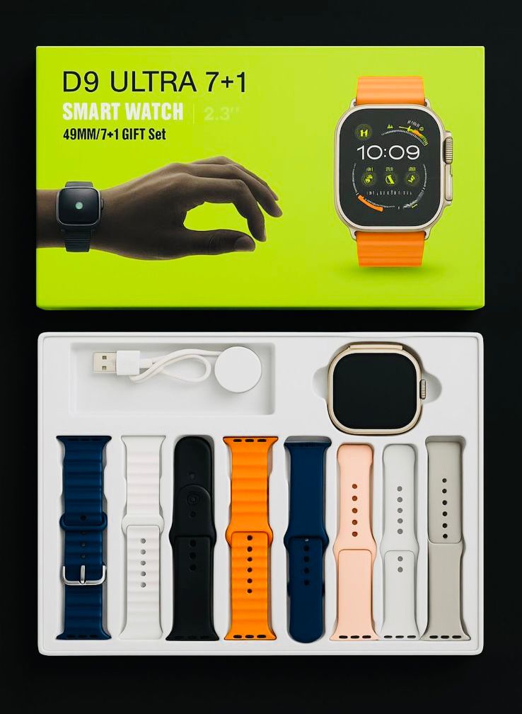 D9 Ultra 7+1 Smart Watch 49mm (2.3" Display) – 8 Straps Gift Set | Fitness Tracker | Waterproof | Android & iOS Compatible