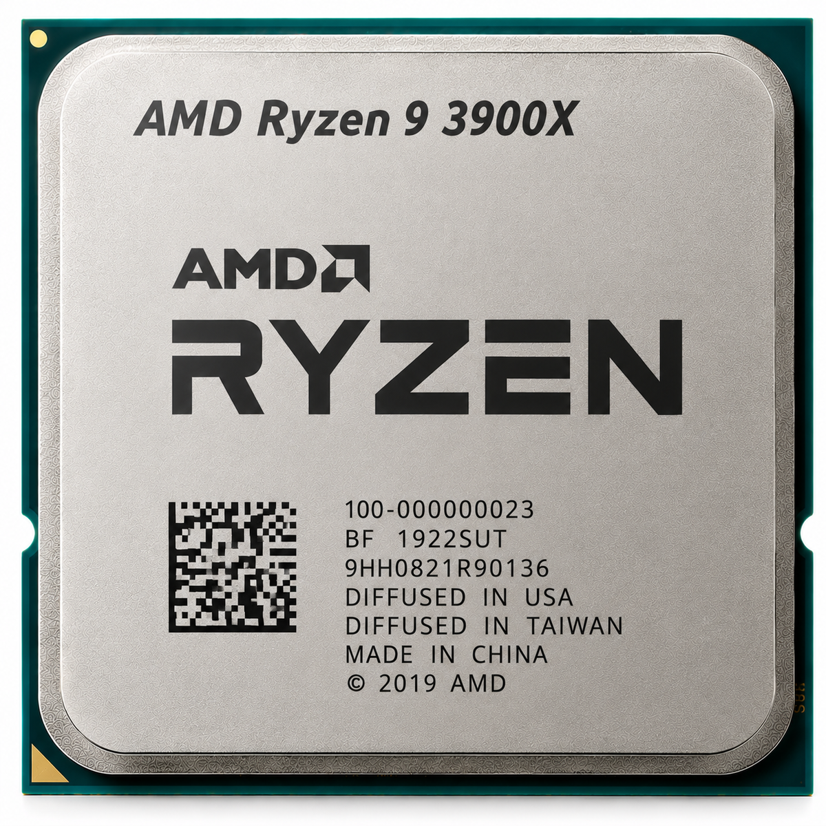 AI-generated illustration of AMD Ryzen 9 3900X CPU, not an actual inventory photo; depicted serial/manufacturing markings fictional.