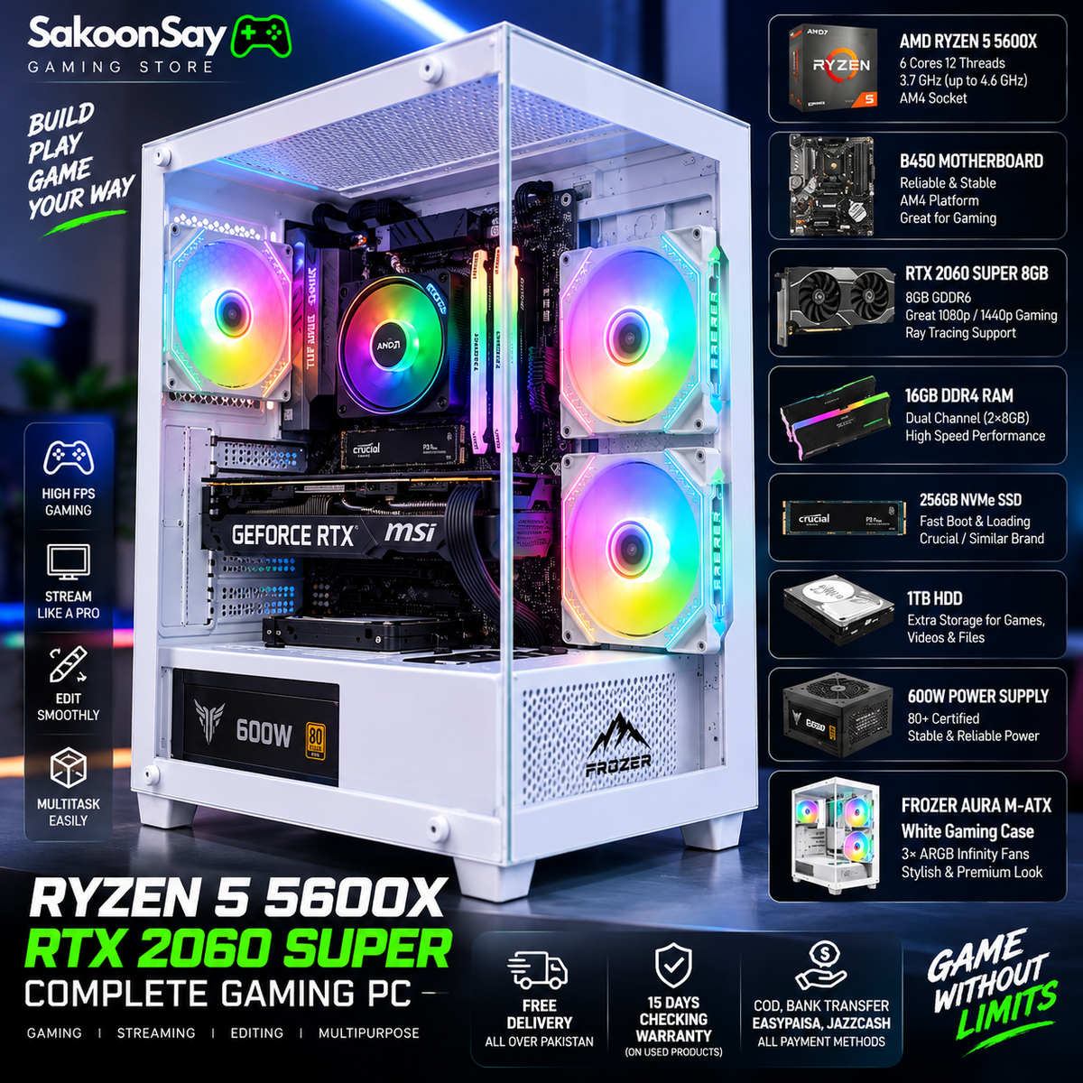 Ryzen 5 5600X RTX 2060 Super 8GB Gaming PC – 16GB RAM 256GB NVMe + 1TB HDD