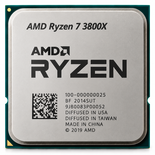 AI-generated illustration of AMD Ryzen 7 3800X processor, not a genuine inventory photograph; any depicted serial or manufacturing markings fictional.