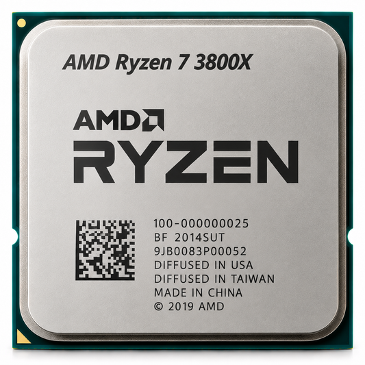 AI-generated illustration of AMD Ryzen 7 3800X processor, not a genuine inventory photograph; any depicted serial or manufacturing markings fictional.