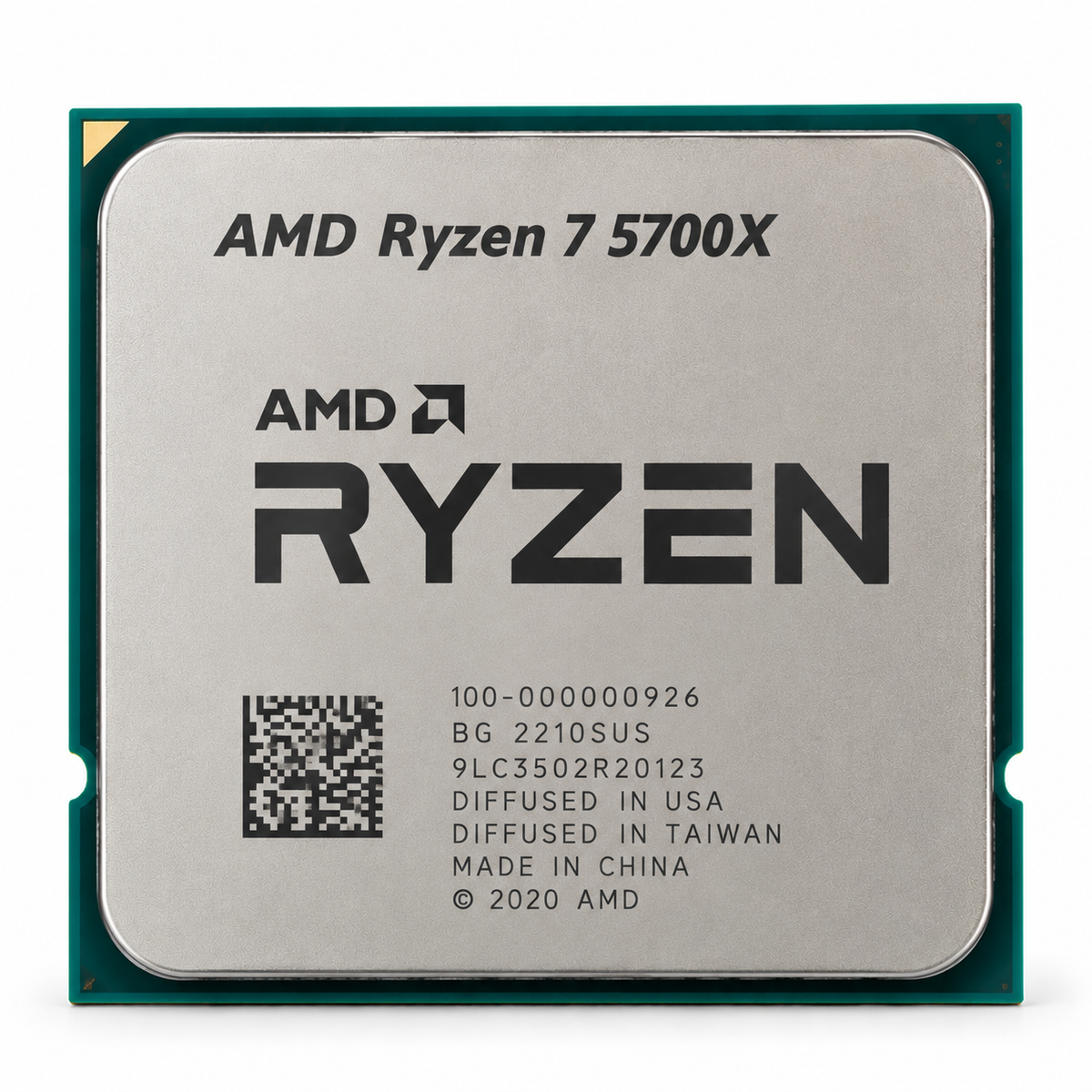 AI-generated illustration of AMD Ryzen 7 5700X CPU; not actual inventory photograph; markings fictional.