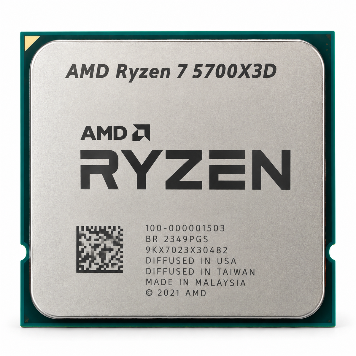 AI-generated illustration of AMD Ryzen 7 5700X3D processor, not actual store inventory photograph; markings fictional.