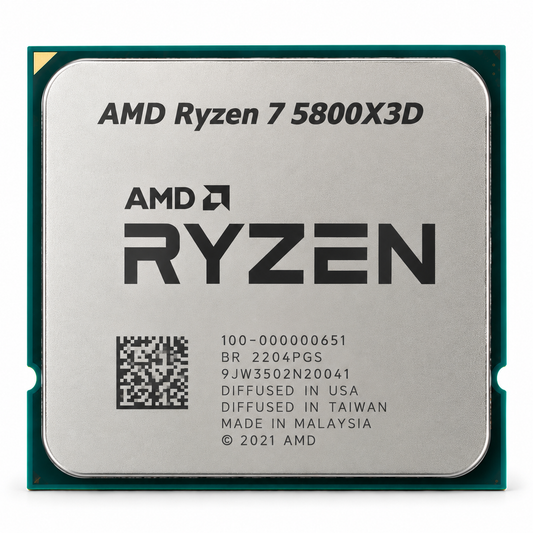 AI-generated illustration of AMD Ryzen 7 5800X3D processor, not actual store inventory photo; markings fictional.