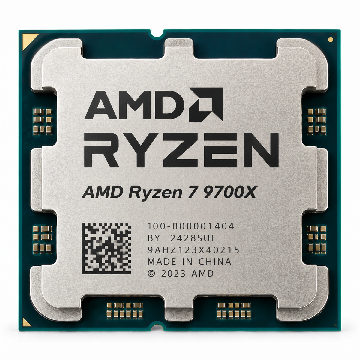 AI-generated illustration of AMD Ryzen 7 9700X processor, not actual store inventory photograph; serial markings fictional.