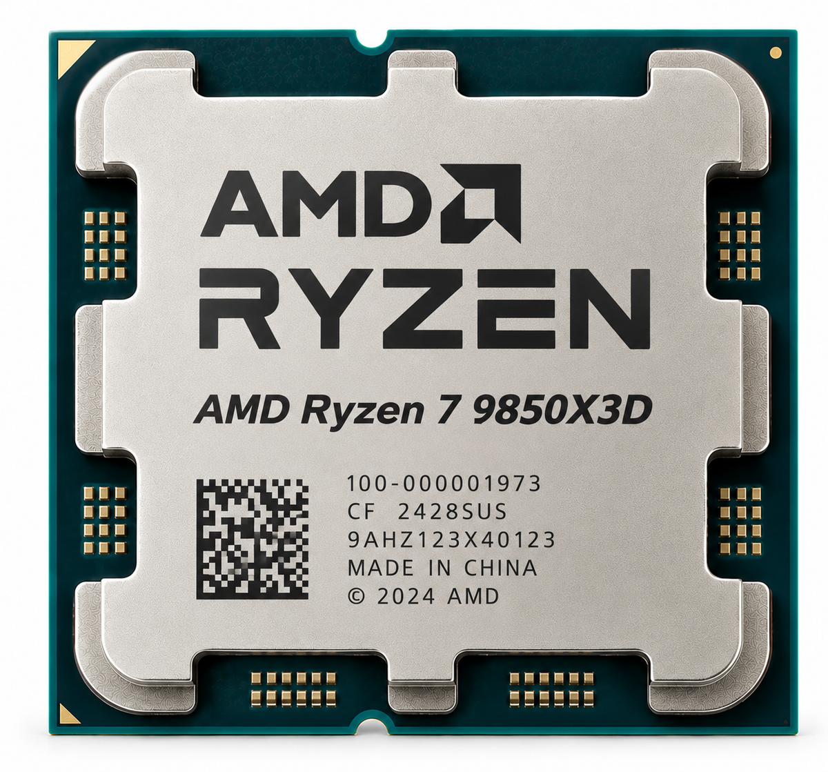 AI-generated illustration of AMD Ryzen 7 9850X3D processor, not actual store inventory photo; markings fictional.
