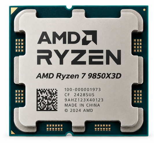 AI-generated illustration of AMD Ryzen 7 9850X3D processor, not actual store inventory photo; markings fictional.