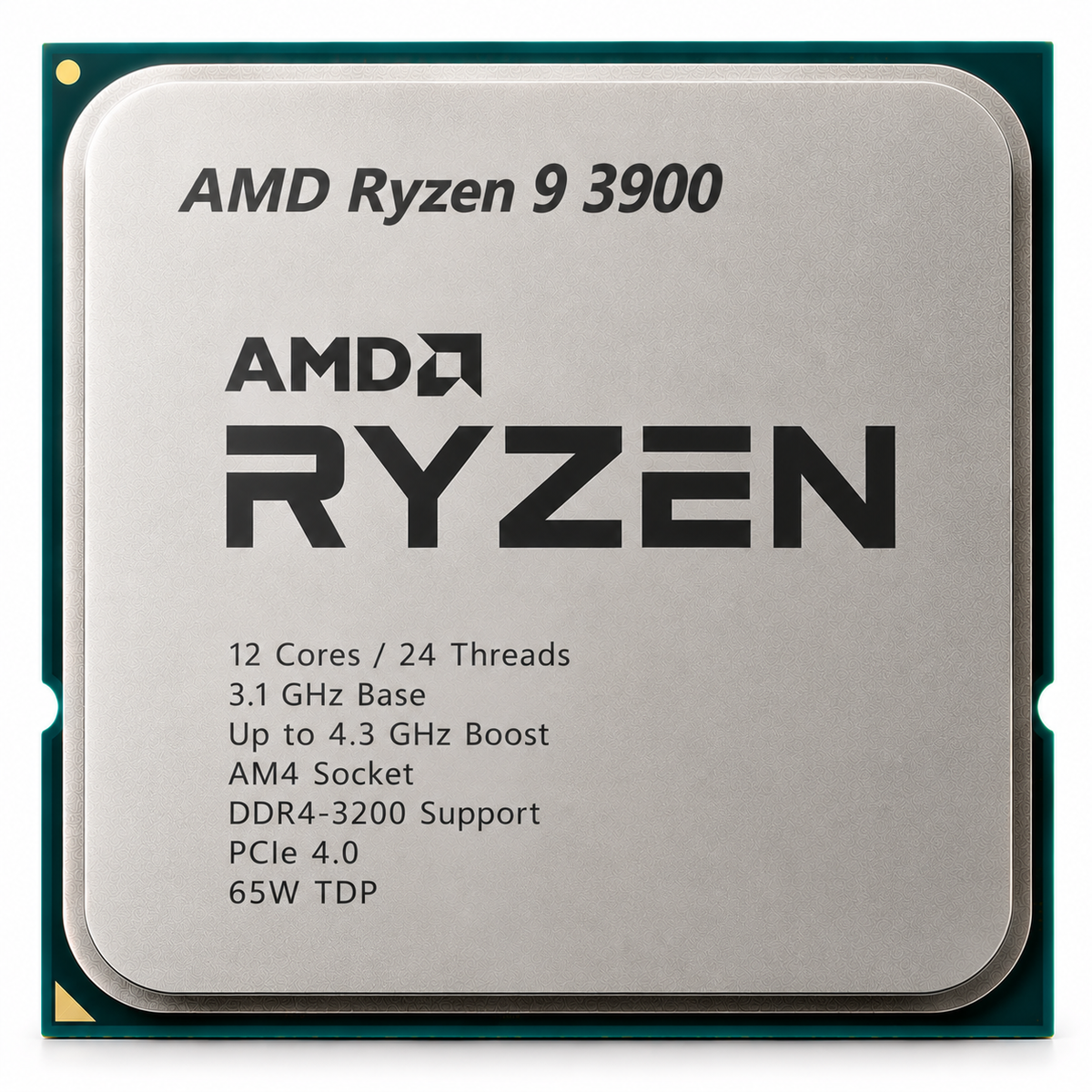AI-generated illustration of AMD Ryzen 9 3900 non-X CPU; not a photograph of SakoonSay inventory, and illustrated chip markings are not authentic engravings.
