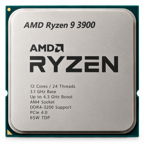 AI-generated illustration of AMD Ryzen 9 3900 non-X CPU; not a photograph of SakoonSay inventory, and illustrated chip markings are not authentic engravings.