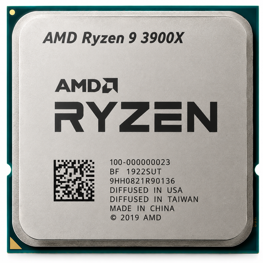 AI-generated illustration of AMD Ryzen 9 3900X CPU, not an actual inventory photo; depicted serial/manufacturing markings fictional.
