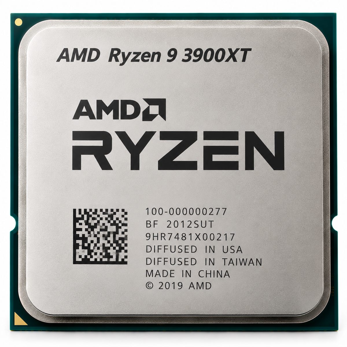 AI-generated illustration of AMD Ryzen 9 3900XT CPU, not an actual SakoonSay inventory photo; depicted serial/manufacturing markings fictional.