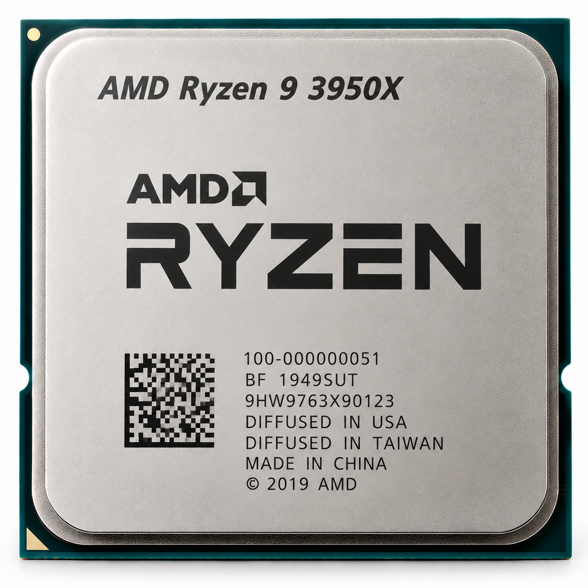 AI-generated illustration of AMD Ryzen 9 3950X CPU, not an actual SakoonSay inventory photograph; serial/manufacturing markings fictional.