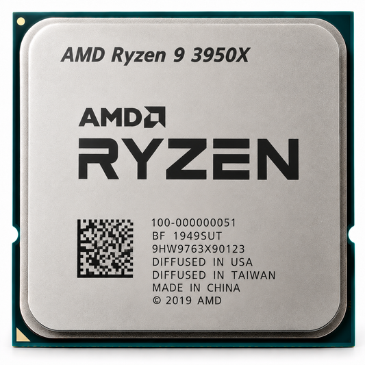 AI-generated illustration of AMD Ryzen 9 3950X CPU, not an actual SakoonSay inventory photograph; serial/manufacturing markings fictional.