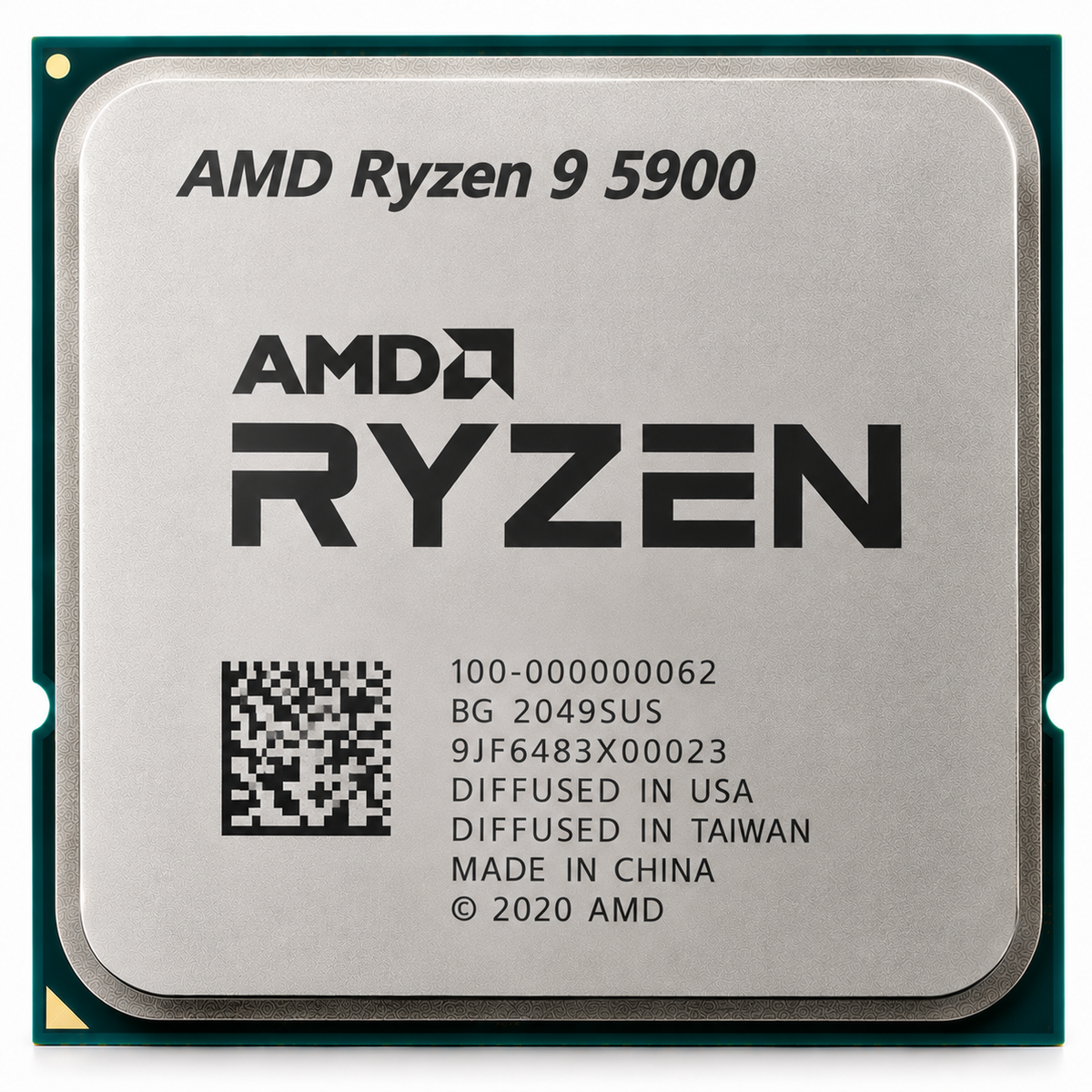 AI-generated illustration of AMD Ryzen 9 5900 non-X CPU, not an actual SakoonSay inventory photograph; serial/manufacturing markings fictional.