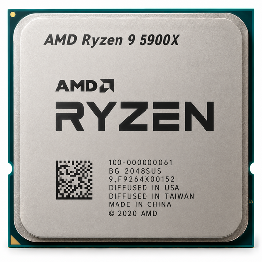 AI-generated illustration of AMD Ryzen 9 5900X processor, not actual SakoonSay inventory photograph; markings fictional.