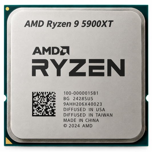 AI-generated illustration of AMD Ryzen 9 5900XT CPU, not an actual SakoonSay inventory photo; serial/manufacturing markings fictional.