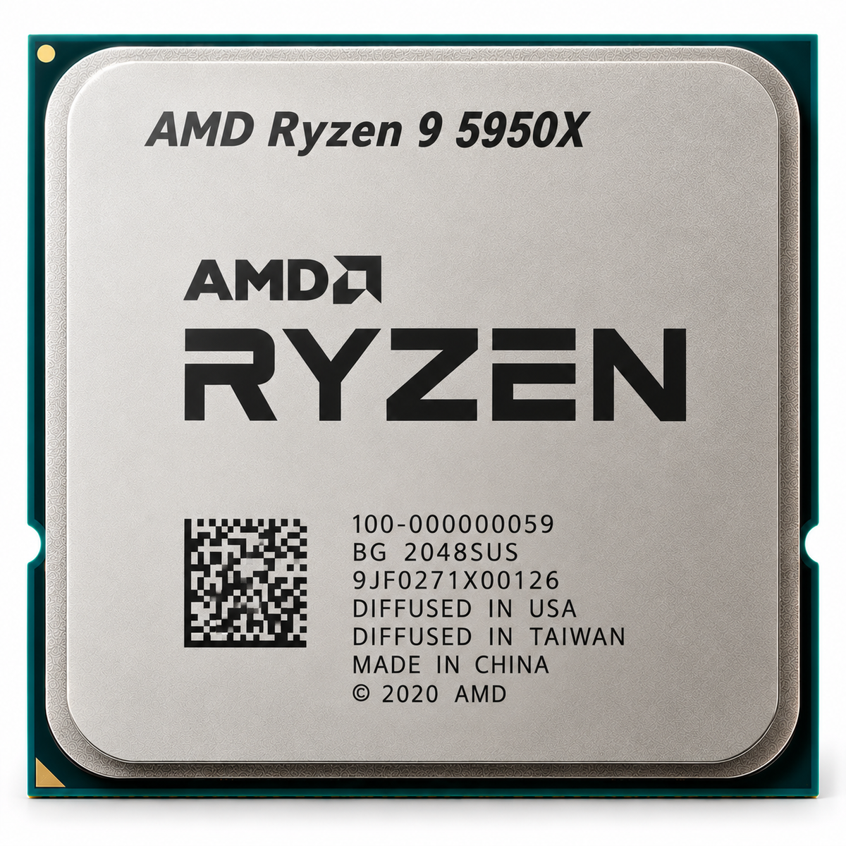 AI-generated illustration of AMD Ryzen 9 5950X CPU, not a photo of actual inventory; serial/manufacturing markings fictional.