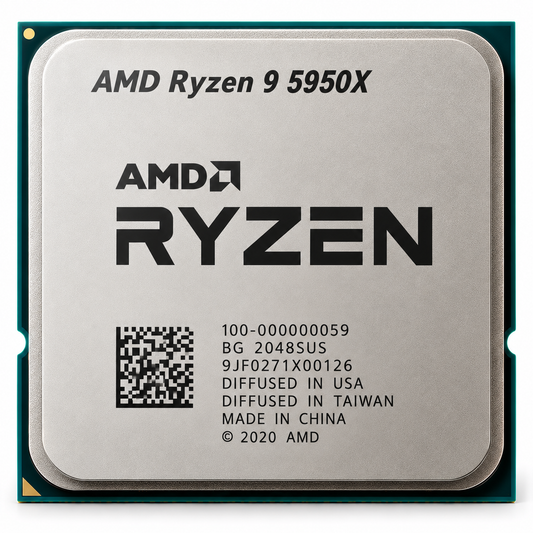 AI-generated illustration of AMD Ryzen 9 5950X CPU, not a photo of actual inventory; serial/manufacturing markings fictional.
