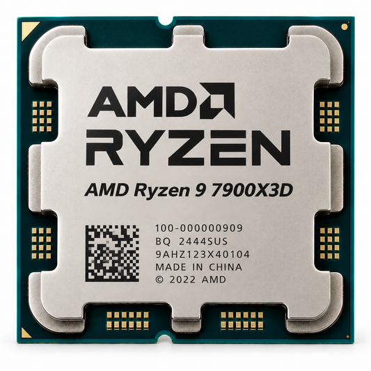 AI-generated illustration of AMD Ryzen 9 7900X3D processor, not actual SakoonSay inventory photograph; markings fictional.