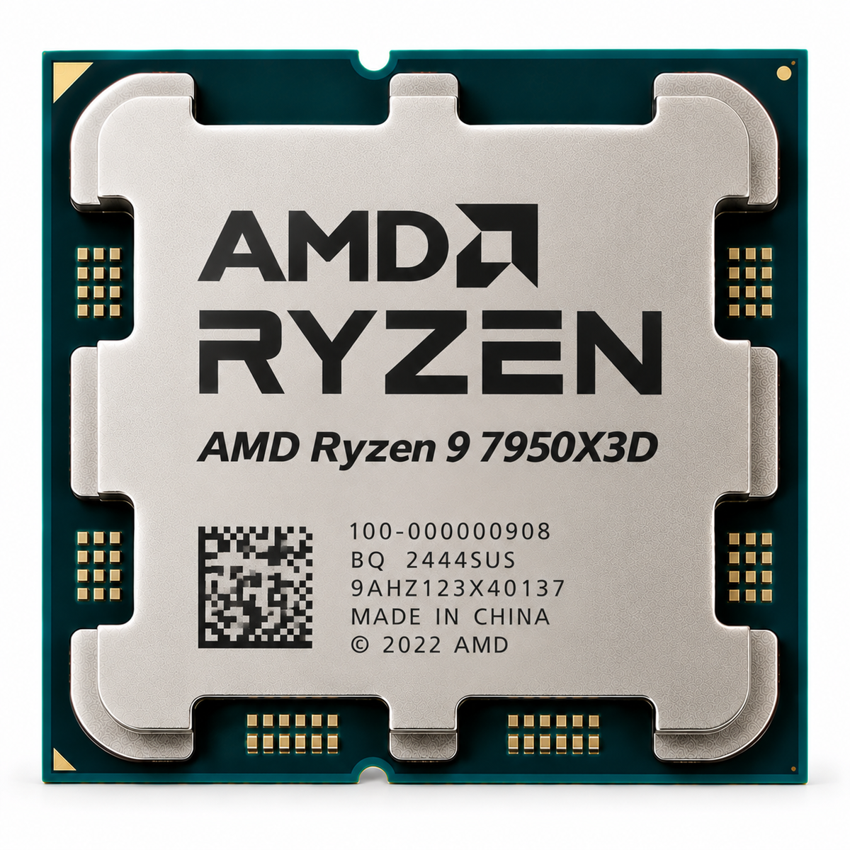 AI-generated illustration of AMD Ryzen 9 7950X3D processor, not actual store inventory photograph; serial and manufacturing markings fictional.