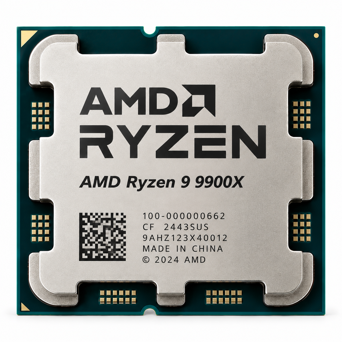 AI-generated illustration of AMD Ryzen 9 9900X processor, not actual store inventory photo; markings fictional.