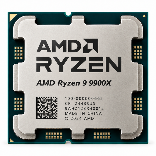 AI-generated illustration of AMD Ryzen 9 9900X processor, not actual store inventory photo; markings fictional.
