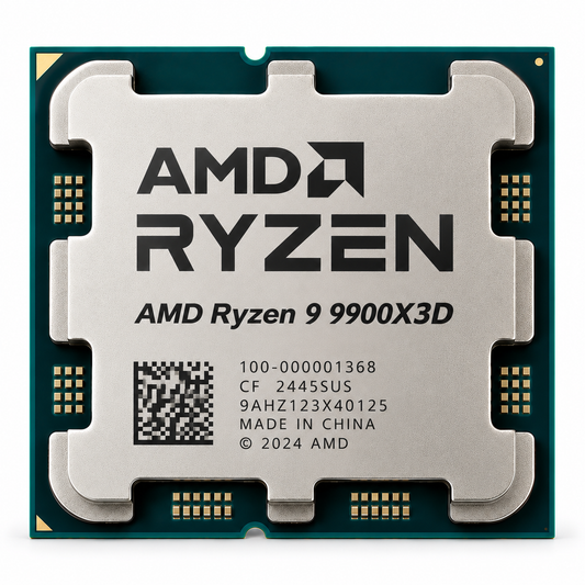 AI-generated illustration of AMD Ryzen 9 9900X3D processor, not actual store inventory photograph; markings fictional.