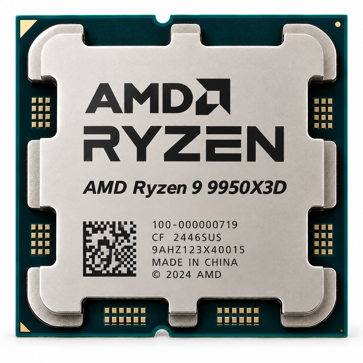 AI-generated illustration of AMD Ryzen 9 9950X3D processor, not actual store inventory photograph; markings fictional.