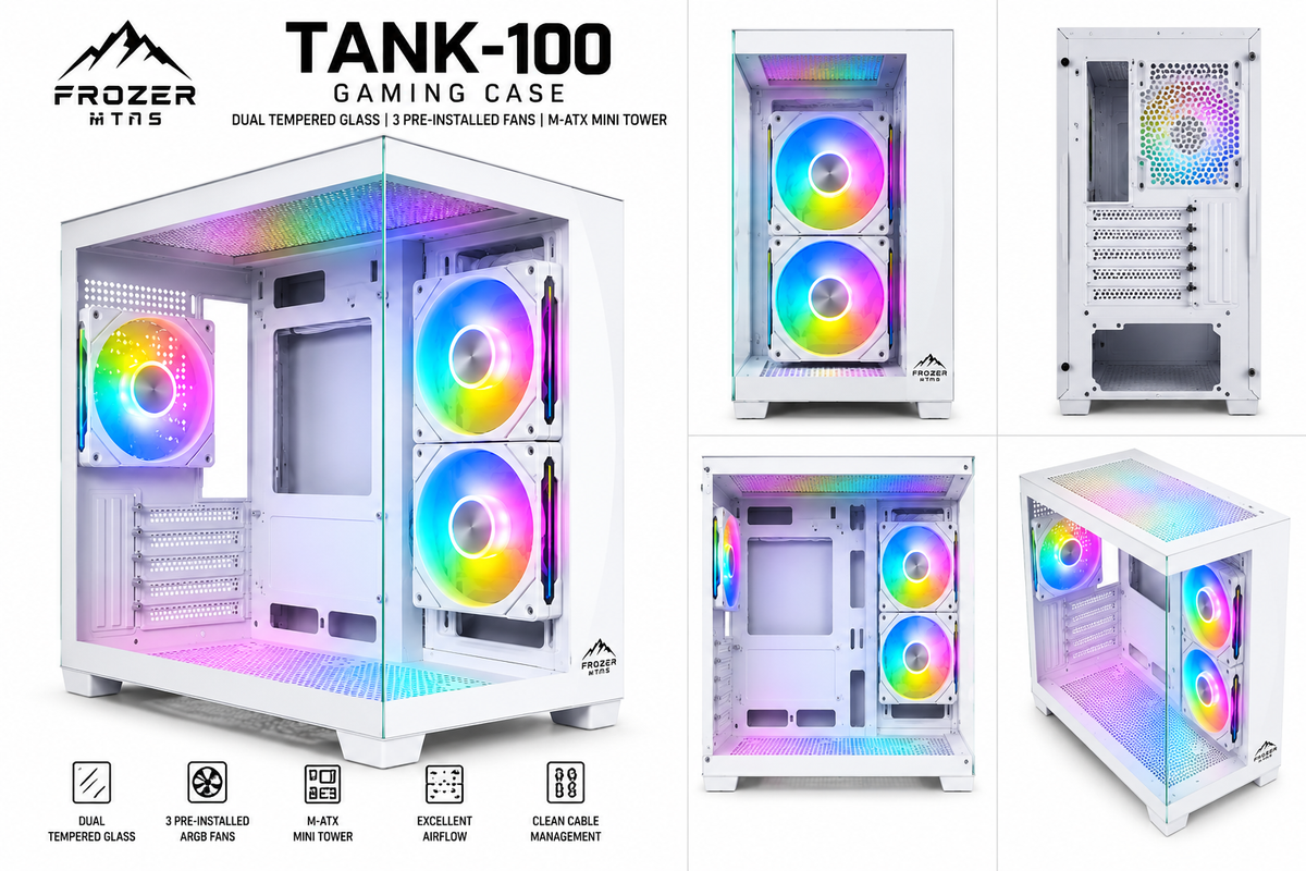 Frozer MTNS TANK-100 white gaming case with dual tempered glass and 3 RGB fans