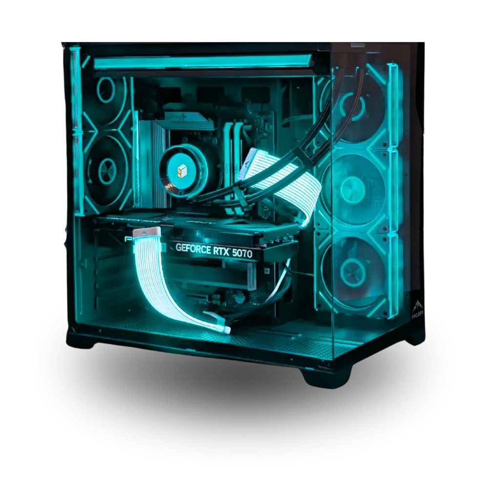 Frozer SIGNATURE ATX gaming case with RGB-lit example PC build, front-side view