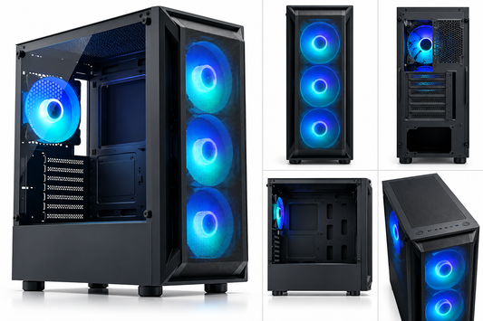 Unbranded black gaming PC case with 4 RGB fans