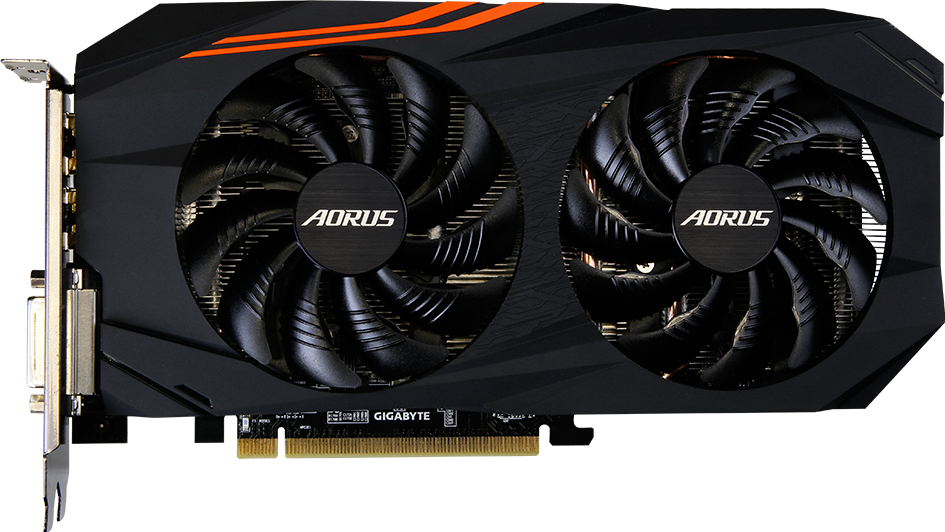 Gigabyte AORUS RX 580 8GB official reference front view; supplied unit has GIGABYTE fan stickers