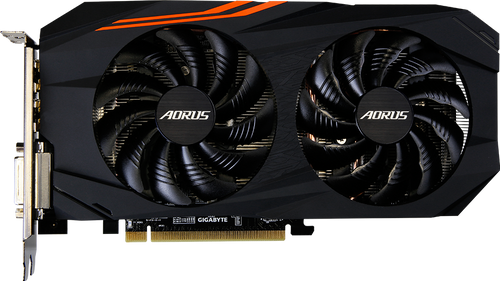Gigabyte AORUS RX 580 8GB official reference front view; supplied unit has GIGABYTE fan stickers