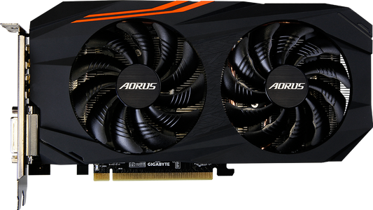 Gigabyte AORUS RX 580 8GB official reference front view; supplied unit has GIGABYTE fan stickers