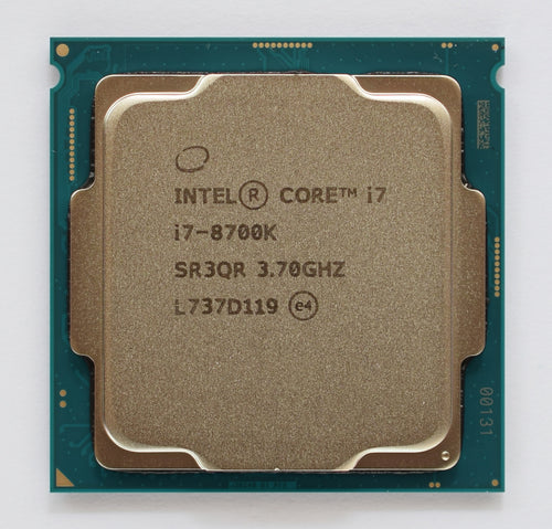 Genuine Intel Core i7-8700K SR3QR processor, photo by ElooKoN, CC BY-SA 4.0 Wikimedia Commons; reference not store inventory