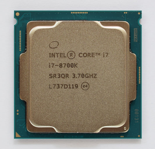 Genuine Intel Core i7-8700K SR3QR processor, photo by ElooKoN, CC BY-SA 4.0 Wikimedia Commons; reference not store inventory