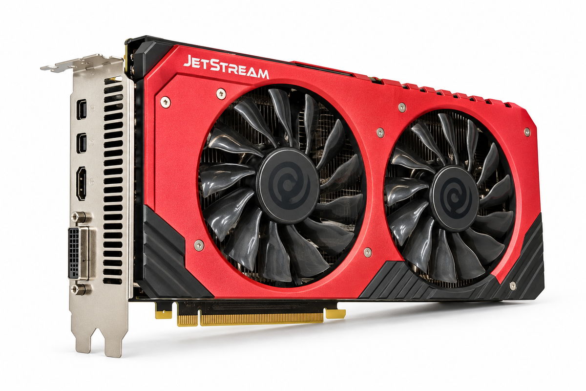 Palit GeForce GTX 970 JetStream 4GB red cooler ports view