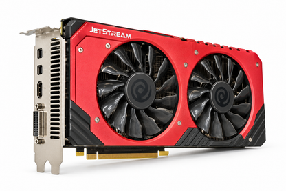 Palit GeForce GTX 970 JetStream 4GB red cooler ports view