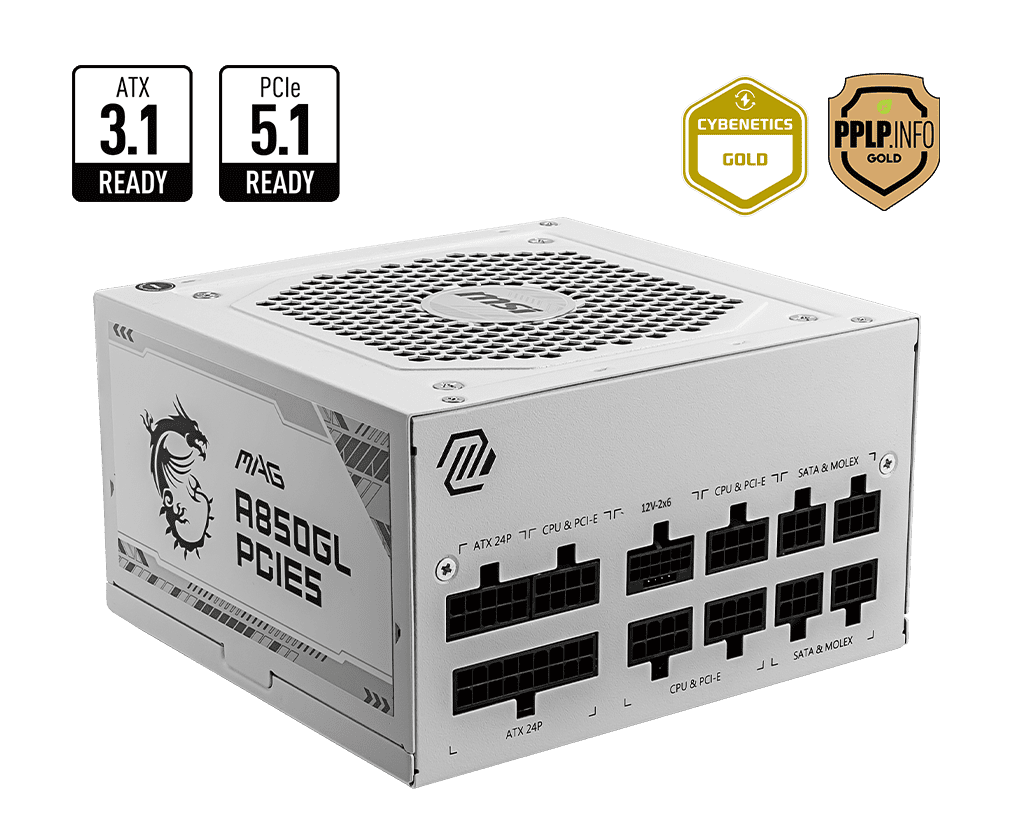 MSI MAG A850GL PCIE5 850W Gold Fully Modular PSU – White