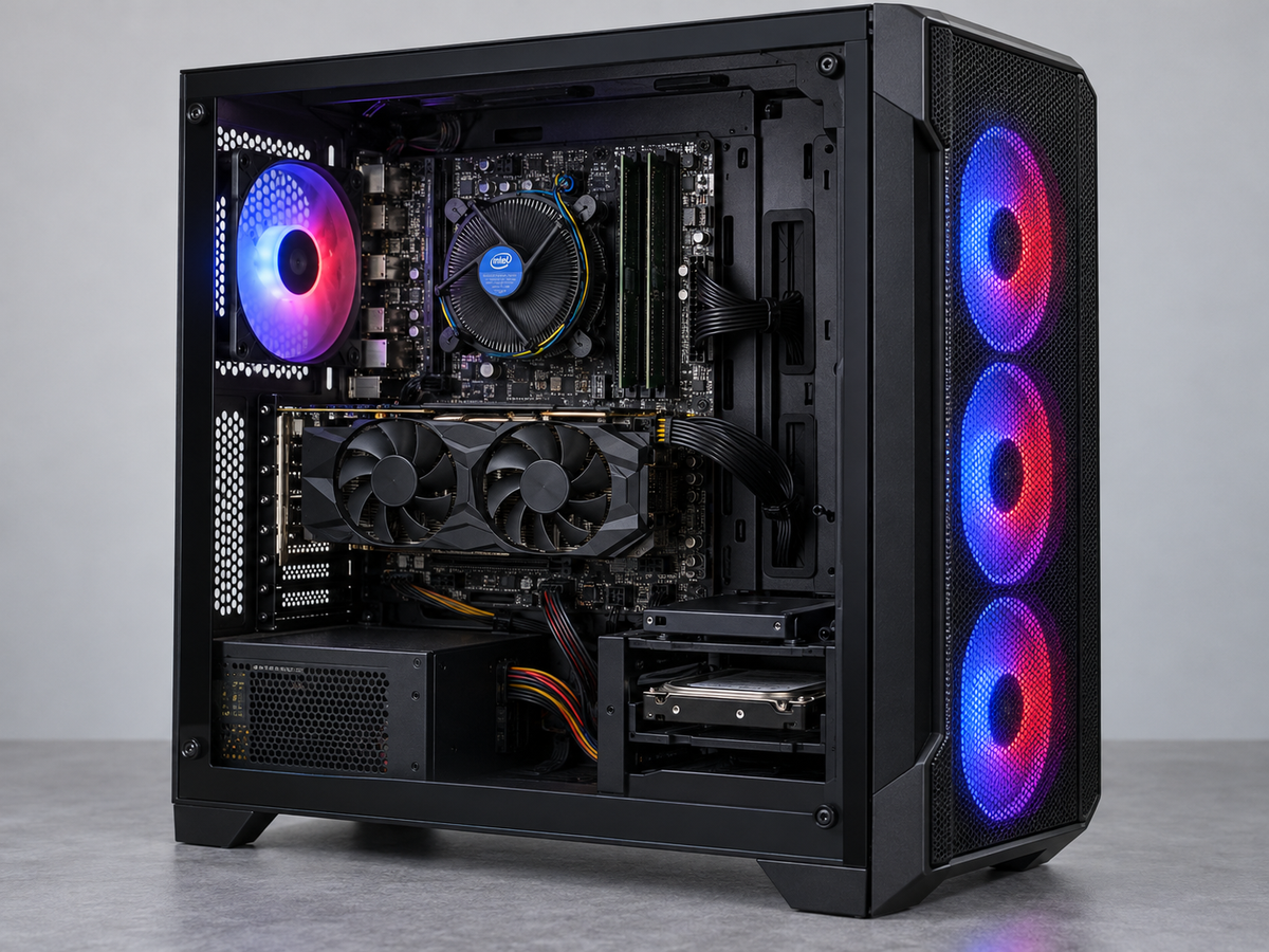 50K budget gaming PC with Intel i5-4570 GTX 950 in black ATX case with four RGB fans
