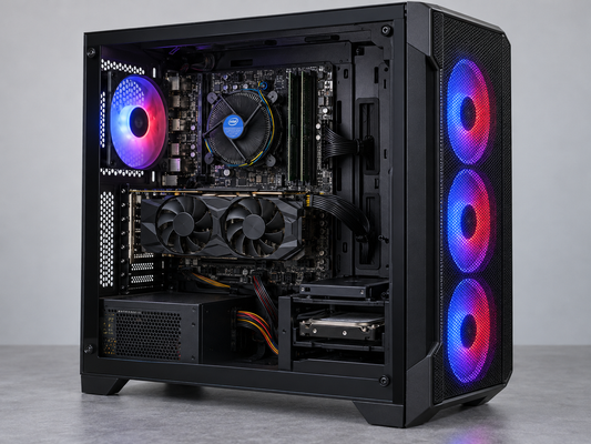 50K budget gaming PC with Intel i5-4570 GTX 950 in black ATX case with four RGB fans