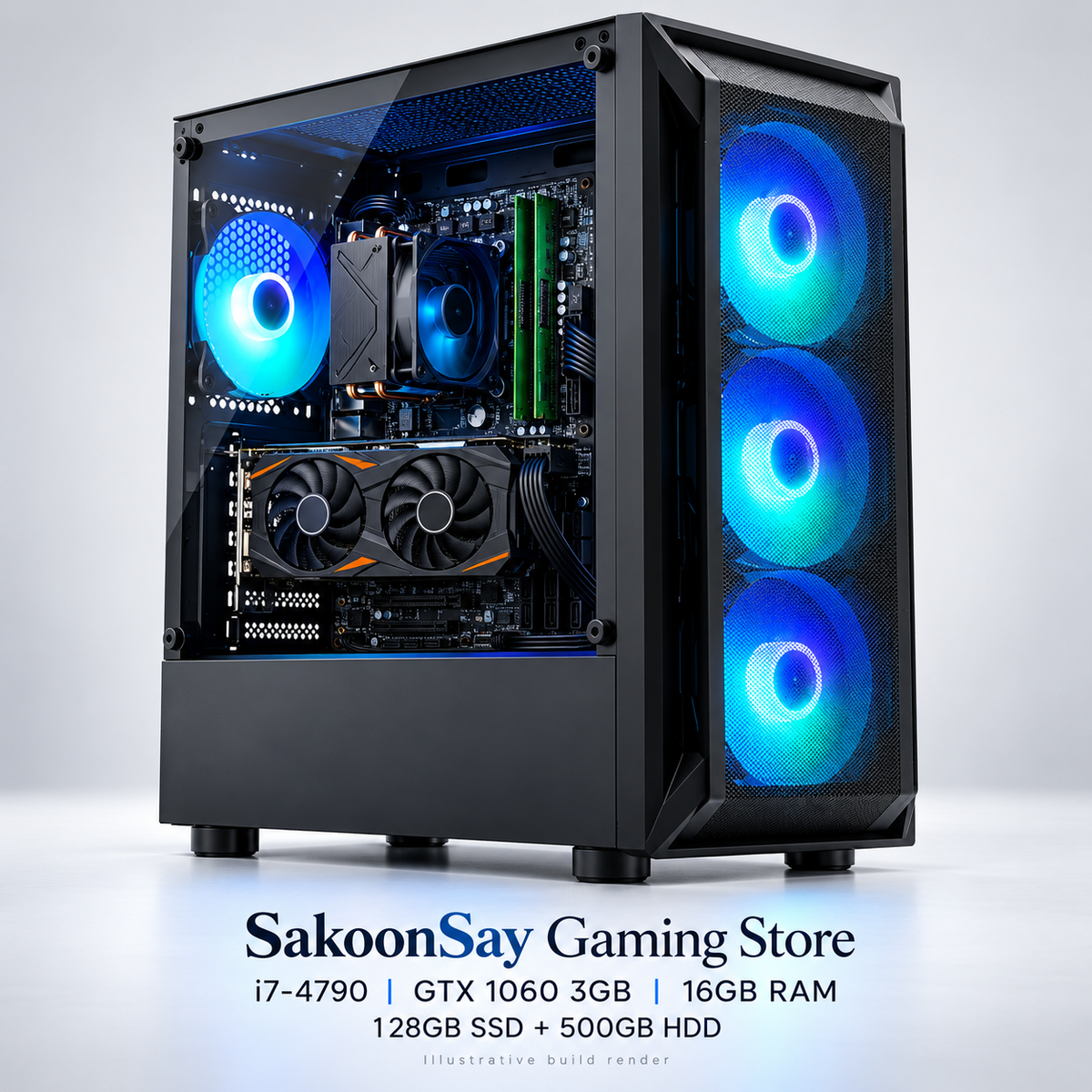 Illustrative i7-4790 GTX 1060 3GB gaming PC with four RGB case fans