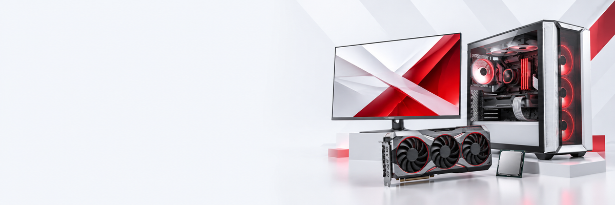 Gaming desktop, monitor, graphics card and processor illustration