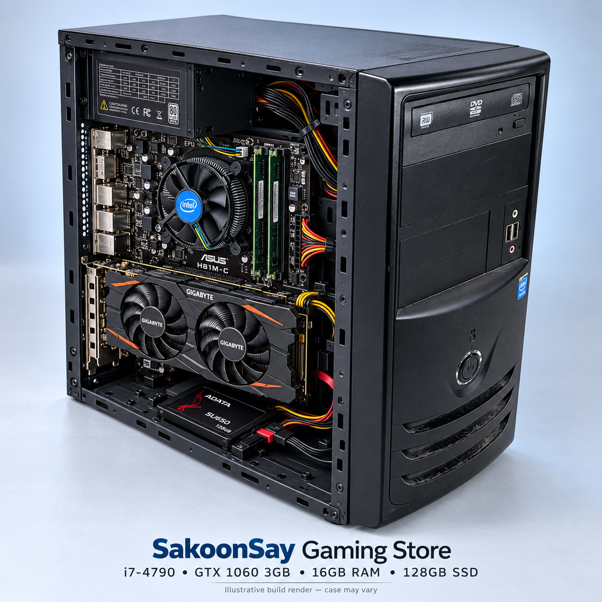 Illustrative i7-4790 GTX 1060 3GB build with two 8GB DDR3 modules and Intel stock cooler
