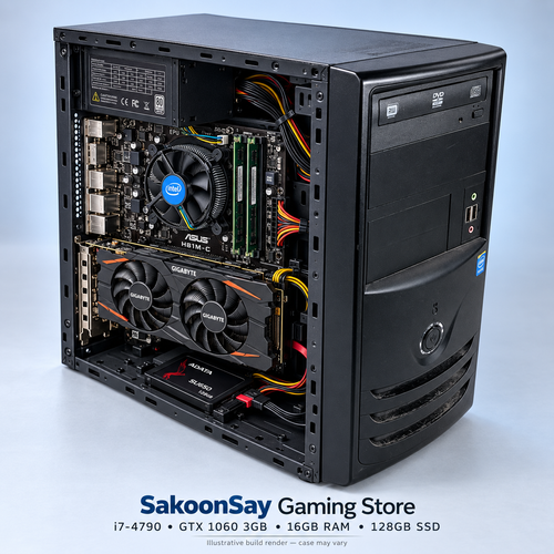 Illustrative i7-4790 GTX 1060 3GB build with two 8GB DDR3 modules and Intel stock cooler
