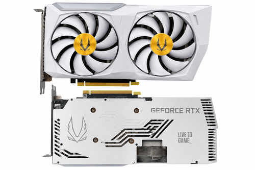 AI-generated illustration of ZOTAC RTX 3070 Twin Edge OC White Edition GPU front and back, no box